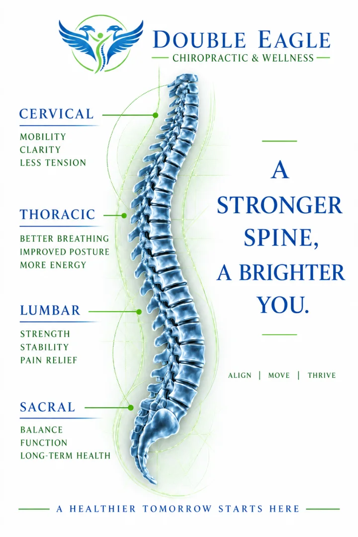 Double Eagle Chiropractic & Wellness poster: the spine from the side, labelled cervical (mobility, clarity, less tension), thoracic (better breathing, improved posture, more energy), lumbar (strength, stability, pain relief) and sacral (balance, function, long-term health). A stronger spine, a brighter you.